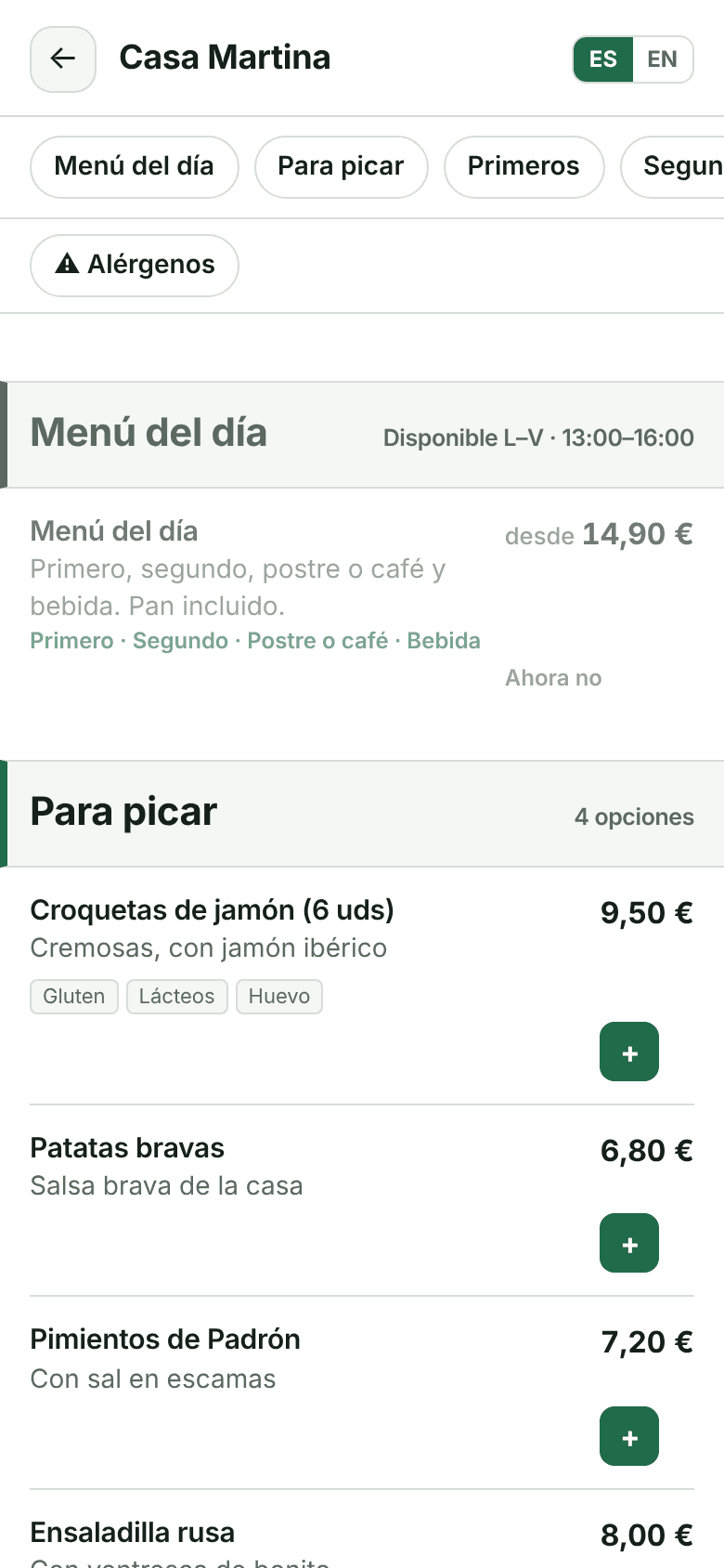 Carta en el móvil del cliente